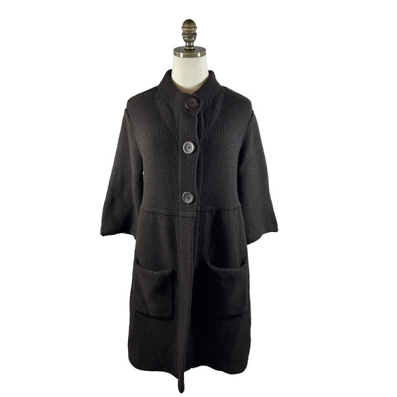Eileen Fisher 3 button Sweater Brown 100 %Wool long cardigan chunky knit size Sm - Picture 1 of 8